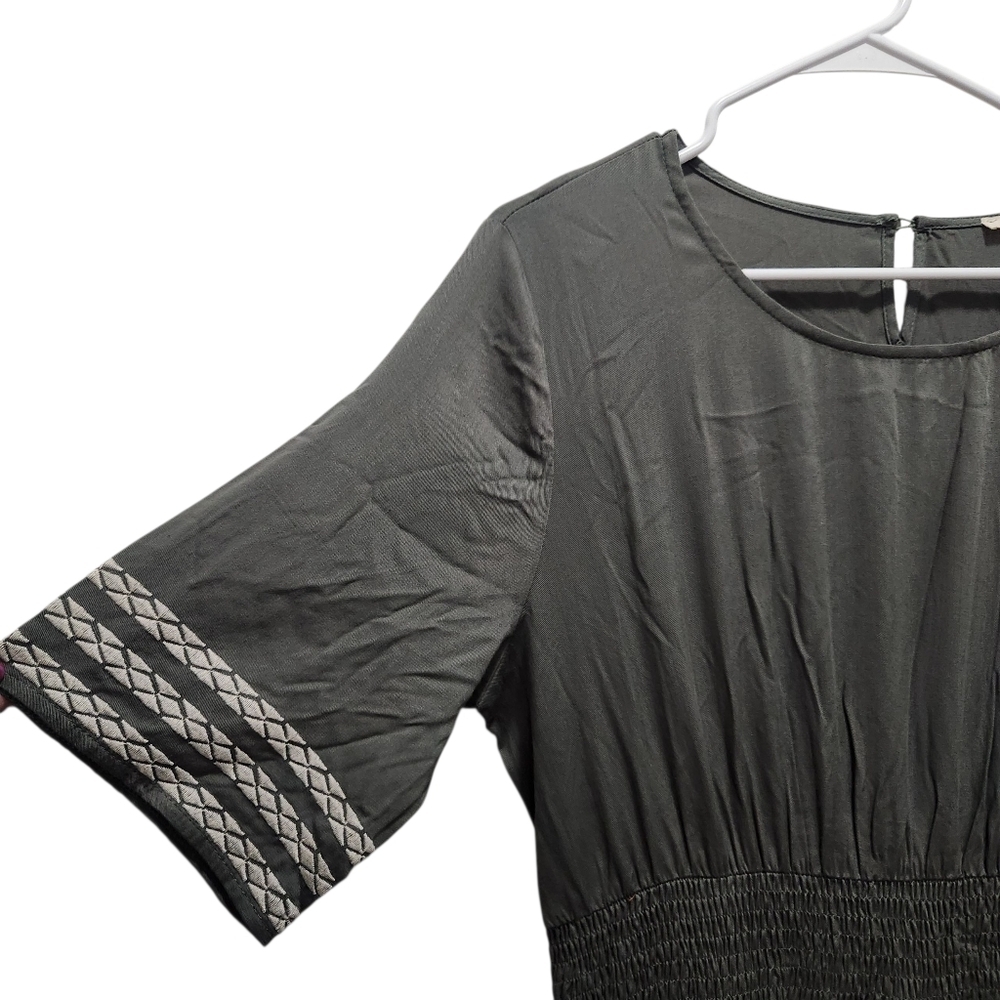 Tea N Rose Olive Green Gray Boho Peasant Praire Maxi Dress Size L - Picture 6 of 7